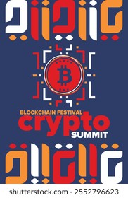 Cumbre de criptomonedas. Festival Blockchain. Dinero digital y tecnología inteligente en línea. Ilustración de finanzas, banca y negocios. Minería de criptomonedas. Logotipo de Bitcoin. Diseño plano. Afiche de Vector