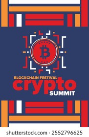 Cumbre de criptomonedas. Festival Blockchain. Dinero digital y tecnología inteligente en línea. Ilustración de finanzas, banca y negocios. Minería de criptomonedas. Logotipo de Bitcoin. Diseño plano. Afiche de Vector