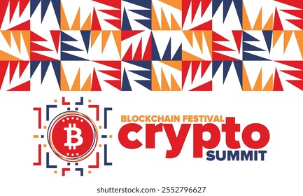 Cumbre de criptomonedas. Festival Blockchain. Dinero digital y tecnología inteligente en línea. Ilustración de finanzas, banca y negocios. Minería de criptomonedas. Logotipo de Bitcoin. Diseño plano. Afiche de Vector