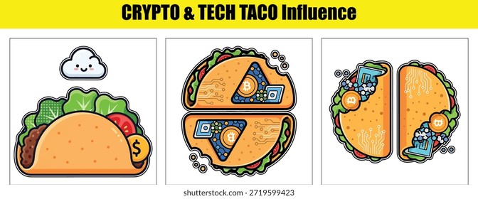 Tacos de criptomonedas con Ilustración vectorial de Diseños de Tablero de nube, moneda de dólar, cajero automático y circuito