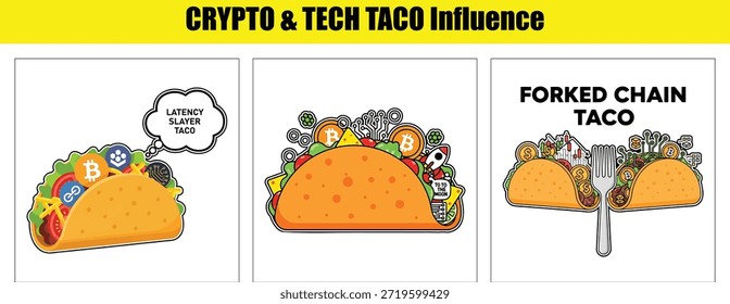 Krypto-Tacos mit Latenzschläger, Rakete und Gabelkettenkonzepten, Vektorgrafik