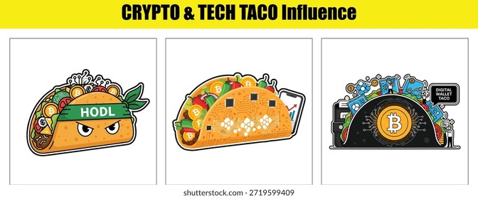 Criptografia e tecnologia tacos com Bitcoin e HODL tema Palavras-chave: taco, cripto, bitcoin, segurar