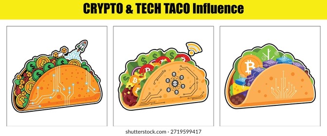 Criptografia e tecnologia tacos com dinheiro, Bitcoin e elementos de rede Palavras-chave: taco, cripto, bitcoin