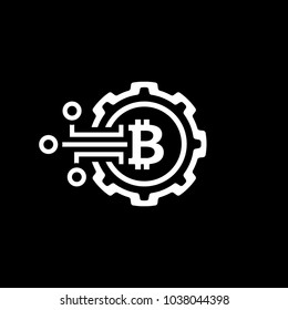 Crypto Technology Icon. Modern computer network technology sign. Digital graphic symbol. Gear with Bitcoin Sign. Concept design elements.