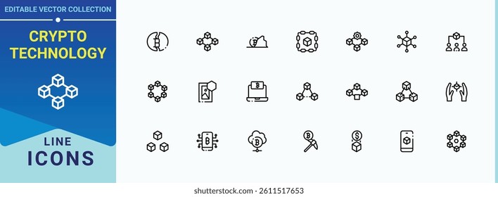 Crypto Technology icon set. Contains outline symbols like currency, wallet, data, bitcoin, chain and more. Blockchain icon collection. Minimal thin line web icons set. Pixel perfect. Editable vector.