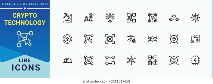 Crypto Technology icon set. Contains outline symbols like currency, wallet, data, bitcoin, chain and more. Blockchain icon collection. Minimal thin line web icons set. Pixel perfect. Editable vector.