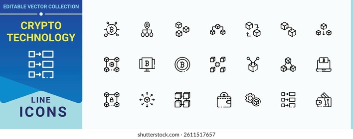 Crypto Technology icon set. Contains outline symbols like currency, wallet, data, bitcoin, chain and more. Blockchain icon collection. Minimal thin line web icons set. Pixel perfect. Editable vector.