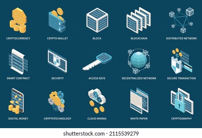 Crypto technology set with isometric symbols of cryptocurrency digital money blockchain mining isolated 3d vector illustration