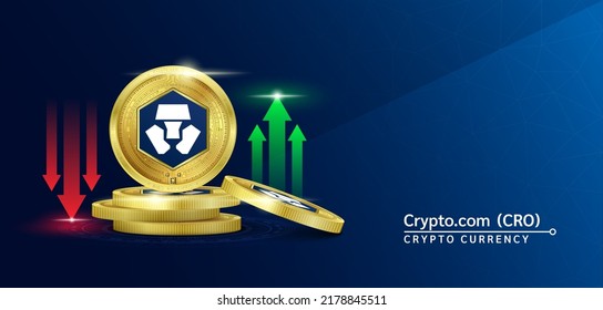 crypto.com token cryptocurrency banner. Future currency on blockchain stock market with red-green arrows up and down. Gold coins crypto currencies. Banner for news on a solid background. 3D Vector.