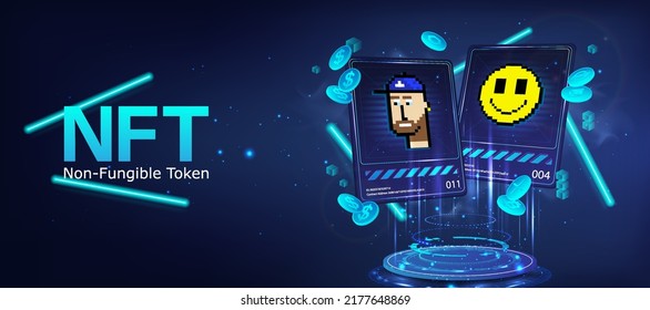 Crypto tokens NFT - cards with 3D hologram and crypto coins. NFT cards with pixel art on hologram. Cryptocurrency Art with coins bitcoin, ethereum, ERC20. 3D art, NFT cards with pixel art on hologram