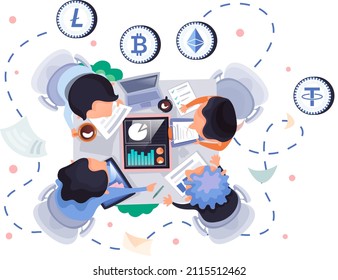 Crypto traders sell cryptocurrency on virtual money exchange of digital currency, team of analysts at table at business meeting. Bitcoin transactions, cryptocurrency marketplace, trading strategies