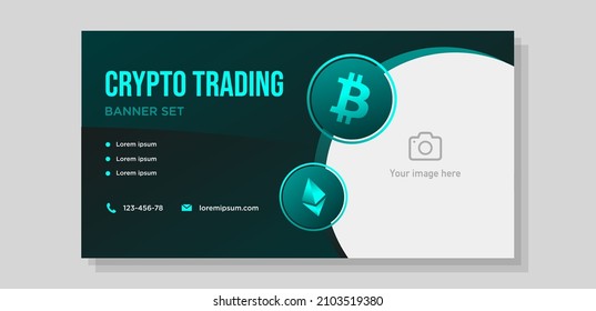 Crypto trading abstract banner template, Bitcoin cryptocurrency advertisement, Ethereum digital coin ad, blockchain flyer leaflet concept, isolated on grey background.