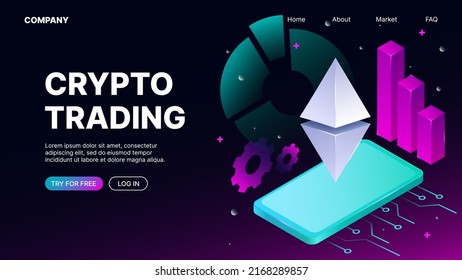 Crypto trading Banner. Isometric Landing Web Page Template. Vector illustration