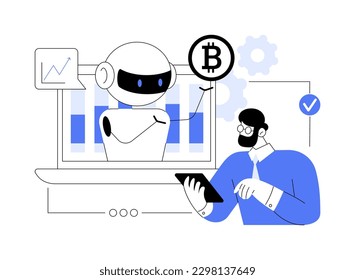 Crypto trading bot abstract concept vector illustration. Automated AI tradings, best bitcoin trading bot analyze cryptocurrency market data, financial exchange, earning profit abstract metaphor.