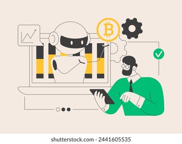 Crypto trading bot abstract concept vector illustration. Automated AI tradings, best bitcoin trading bot analyze cryptocurrency market data, financial exchange, earning profit abstract metaphor.