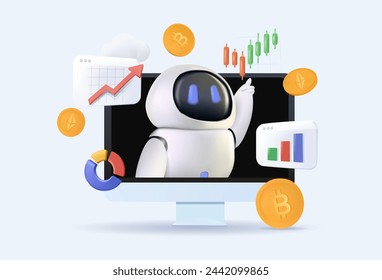 Ilustración de vector 3D de concepto abstracto de bot de comercio criptográfico. Las operaciones automatizadas de IA, el mejor bot de comercio de bitcoins analizan los datos del mercado de criptomonedas en 3D, intercambio financiero, metáfora abstracta de ganancias