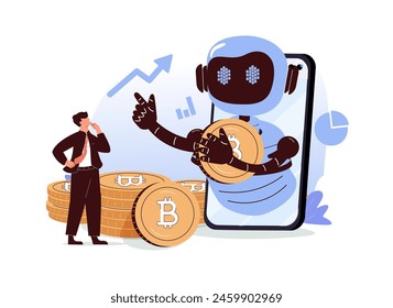 Crypto trading bot abstract concept vector illustration. Automated AI tradings, best bitcoin trading bot analyze cryptocurrency market data, financial exchange, earning profit abstract metaphor.