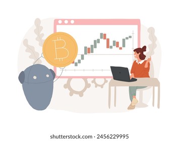 Ilustración vectorial de concepto aislado de bot de comercio criptográfico. Las operaciones automatizadas de IA, el mejor bot de comercio de bitcoins, analizan los datos del mercado de criptomonedas, el intercambio financiero, el concepto de Vector de ganancias.