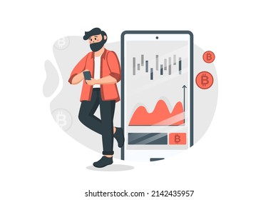 Crypto trading concept in flat design. Man buys and sells bitcoins or other currency on exchange using mobile app, analyzes data and gets profit. Vector illustration with people scene for web