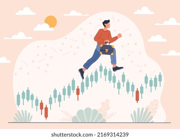 Crypto Trading concept. Man with portfolio runs through charts, investor evaluates effectiveness of deal. Cryptocurrency, bitcoin and blockchain technology specialist. Cartoon flat vector illustration