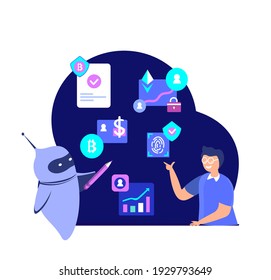 Crypto Trading Online Education for Children with Cyber Robot Chat bot.Blockchain Virtual Innovation Technology.Smart Contract,Cryptocurrency Bitcoin,Etherium,Business Concept.Flat vector illustration