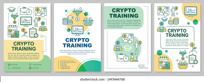 Crypto training brochure template layout. Cryptocurrency trading course. Flyer, booklet, leaflet print design with linear illustrations. Vector page layouts for magazines, reports, advertising posters