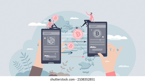 Crypto Transaction And Digital Money Transfer From Phone Tiny Person Concept. Online Paying Process With E-commerce Purchases Vector Illustration. Virtual Wallet Usage For Fast And Safe Payments.