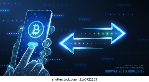 Crypto transfer. Phone in hands with bitcoin symbol and arrows. Money exchange, mobile banking, digital wallet, fast payment, send transaction, online transfer, smart pay, crypto transfer concept. svg