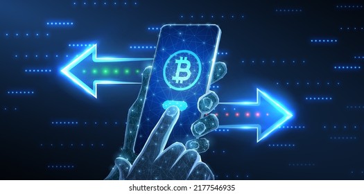 Crypto transfer. Phone in hands with bitcoin symbol and arrows. Money exchange, mobile banking, digital wallet, fast payment, send transaction, online transfer, smart pay, crypto transfer concept. svg