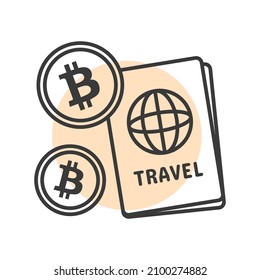 Crypto traveling icon, paying vacation bills with cryptocurrency bitcoin, wallet coin financial market concept, isolated on white background.