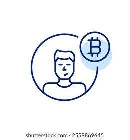 Crypto user avatar. Young man and bitcoin symbol. Blockchain access, investment and trading. Pixel perfect, editable stroke icon
