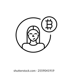 Crypto user avatar. Young woman and bitcoin symbol. Blockchain access, investment and trading. Pixel perfect vector icon