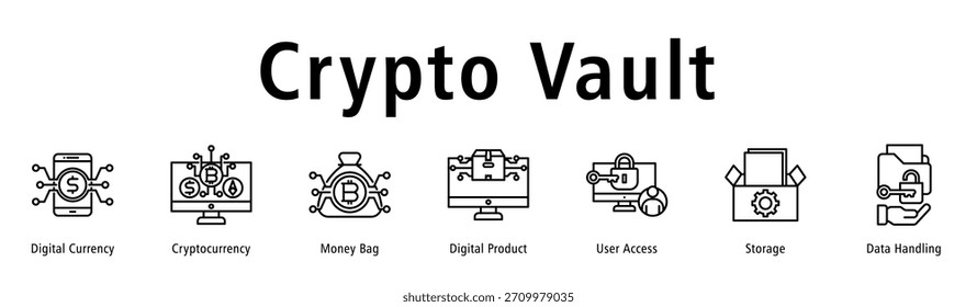 Ilustración vectorial de íconos de Anuncio de Web de criptomoneda con íconos de moneda digital, criptomoneda, bolsa de dinero, Producto digital, acceso de usuario, almacenamiento y manejo de datos.