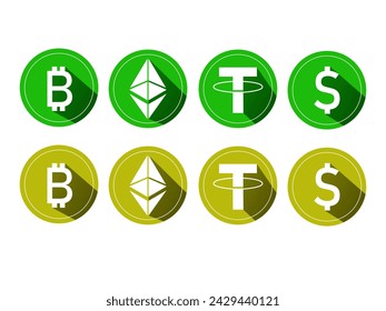 Iconos de vector criptográfico.
Iconos de criptomonedas Bitcoin, ETH, USDT, USD.
Iconos de criptomonedas coloreados.
Monedas de criptomonedas verdes y amarillas
3D