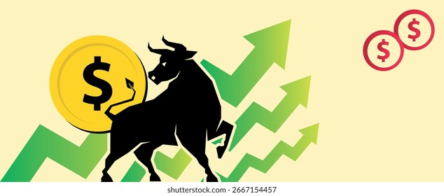 Crypto Up Vector Illustration with Bull. Digital Currency Growth and Bull Market Concept. Bull Market Crypto Vector Image, Rising Up Trend Bull Graphic. Upward Growth. Blockchain and Finance Market