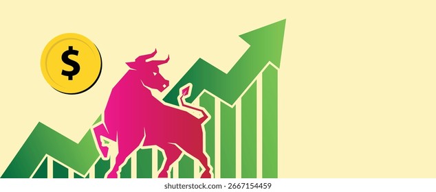 Crypto Up Vector Illustration with Bull. Digital Currency Growth and Bull Market Concept. Bull Market Crypto Vector Image, Rising Up Trend Bull Graphic. Upward Growth. Blockchain and Finance Market