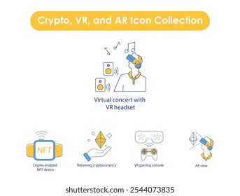 Crypto, VR, and AR Icon Collection: Receiving Cryptocurrency and Virtual Concerts.