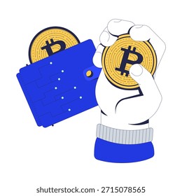 Concepto de ilustración 2D de criptomoneda. Transacción de criptomonedas. Almacenamiento de moneda digital BTC. Mano que sostiene el bitcoin con la composición de la historieta del e-monedero aislada en blanco. Metáfora de Vector abstracto plano