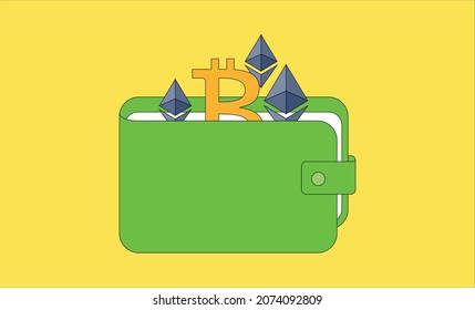 crypto wallet with bitcoin and ethereum to NFT non fungible token for crypto art on hipster hype background blockchain technology and disruptive monetization in collectibles market vector illustration