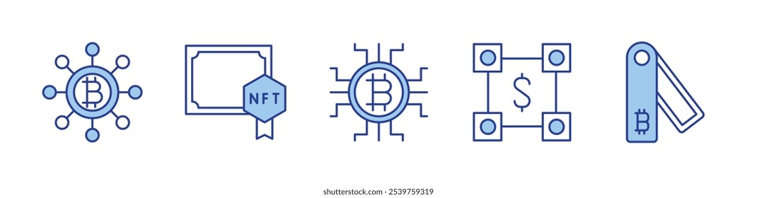 Cartera criptográfica, certificado, conexión, divisa digital, blockchain. Ilustración vectorial de iconos. Línea estilo Duotone. Trazo editable.