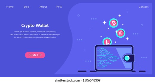 Crypto wallet concept banner, cryptocurrency storage app concept. Crypto coins falling into wallet. Flat style illustration