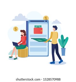 Crypto wallet concept banner, cryptocurrency storage app concept. Crypto coins falling into wallet. Flat style illustration.
