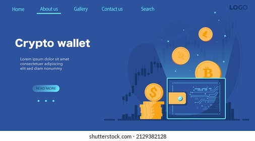 Crypto wallet concept banner, cryptocurrency storage app. Crypto coins falling into wallet. Bitcoin exchange, blockchain technology, cryptocurrency mining, internet money. Flat vector illustration.