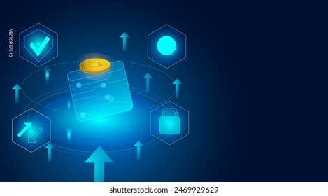 Crypto wallet concept. Bitcoin transfer in digital wallet futuristic background. Vector illustration