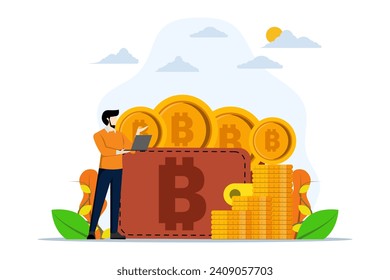 crypto wallet concept. Digital Wallet Technology for cryptocurrency. bitcoin cryptocurrency wallet. Earn money to your e-wallet. Flat vector illustration on white background.