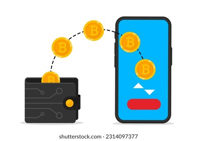 Crypto wallet. Digital bitcoin wallet with mobile phone. Digital wallet technology for cryptocurrency. Cryptocurrency transaction with mobile phone. Blockchain, crypto coins, exchange, money transfer