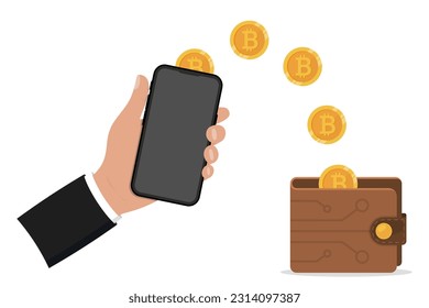 Crypto wallet. Digital bitcoin wallet with mobile phone. Digital wallet technology for cryptocurrency. Cryptocurrency transaction with mobile phone. Blockchain, crypto coins, exchange, money transfer
