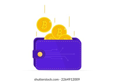 Crypto wallet. Digital bitcoin wallet. Violet bitcoin wallet with coins isolated on white background. Vector illustration