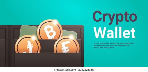 crypto wallet with golden coins cryptocurrency blockchain technology digital currency concept horizontal