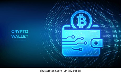 Crypto Wallet icon with Bitcoin made with binary code. Digital Cryptocurrency wallet. Mobile banking, online finance, blockchain banner. Binary code background with digits 1.0. Vector Illustration.